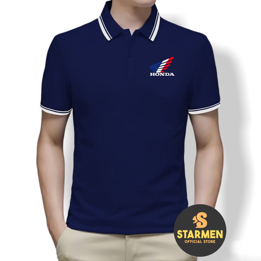 Kaos Wangki Polo T-Shirt Pria Kerah List Putih logo HONDA BLUERED