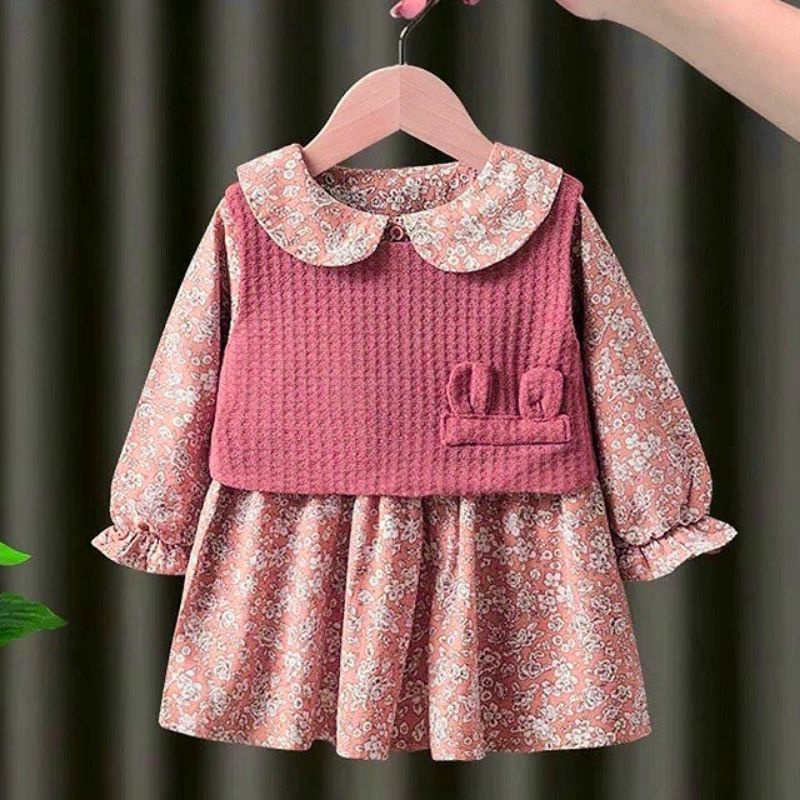 Dress Rompi Anak Perempuan Vest Rajut Lengan Panjang 1-8 Tahun / Long Dress Anak Premium Import