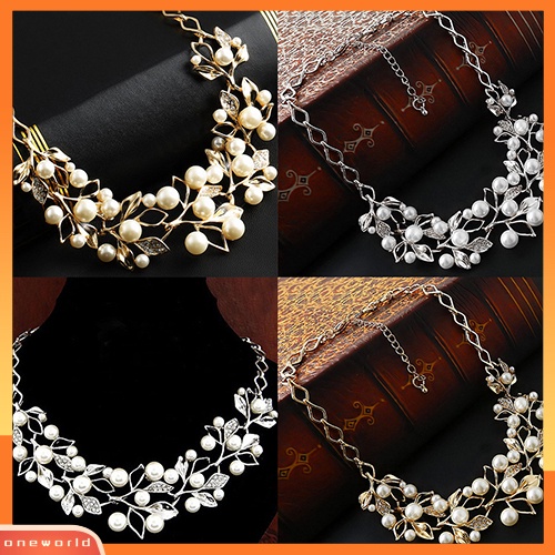 {oneworld} Choker Mewah Wanita Mutiara Imitasi Daun Berongga Pendek Rantai Kalung Perhiasan
