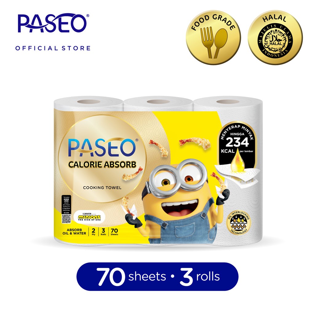 Paseo Minion Series Calorie Absorbs Cooking Towel Roll White Emboss 70 Sheets x 3 Rolls