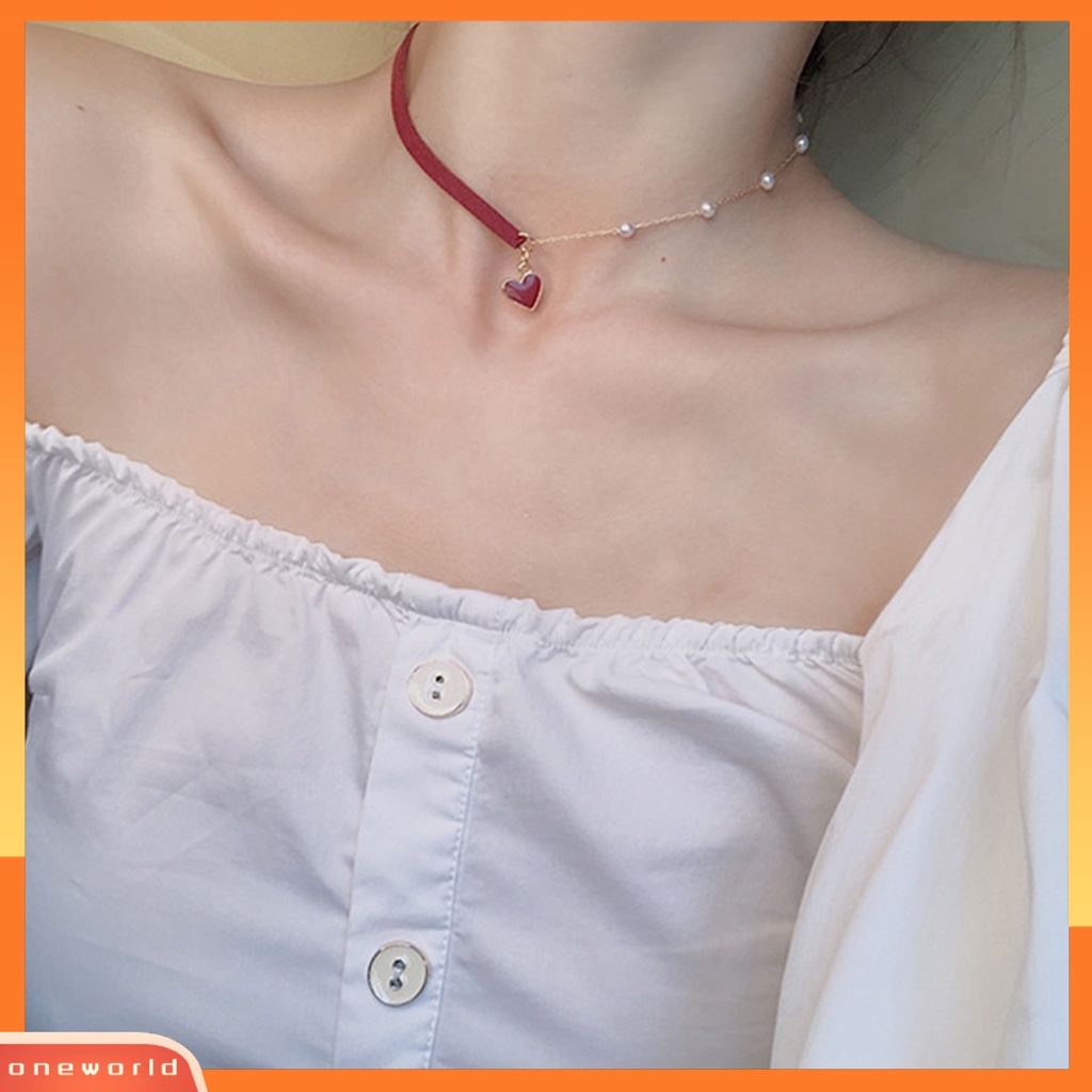 [ONE] Liontin Kalung Kepribadian Manik-Manik Asimetris Temperamen Geometris Cinta Merah Hati Mutiara Imitasi Kalung Kalung Perhiasan Aksesori