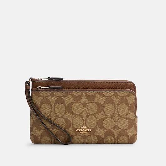 dompet wanita coach double zip wristlet signature khaki saddle br