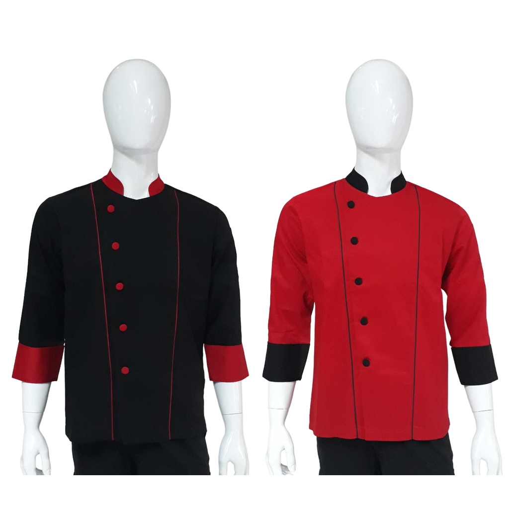 Chef Wear Baju Koki 3/4S  Hitam Merah Mnst S-XL