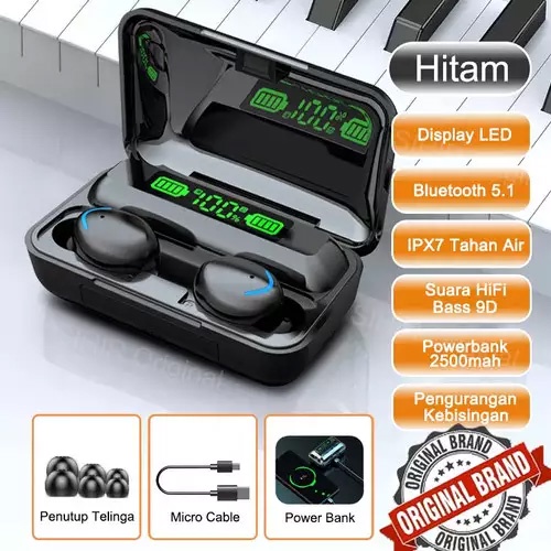 Headset Bluetooth Bass HiFi Stereo Sound with Powerbank F9-5 TWS Noise Reduction Earphone Wireless IPX7 Waterproof Headphone Henset Bloetooth with Microphone Sport Handset Gaming Hedset Handsfree Earbuds Hendset Hanset Hetset Heandset Android-Hitam