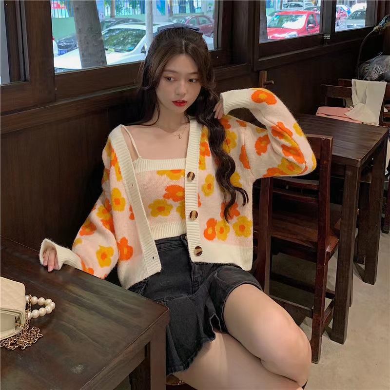 Monica Suspender Cardigan Rajutan Wanita Dua Potong Retro Jacquard Set Pakaian Sweater Warna Kontras