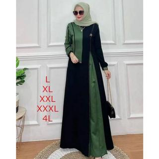 Kasual Dress Gamis Kombinasi Hijau Army Jumbo Modern Elegan Kekinian LD 110 120 130 140 XL XXL XXXL 