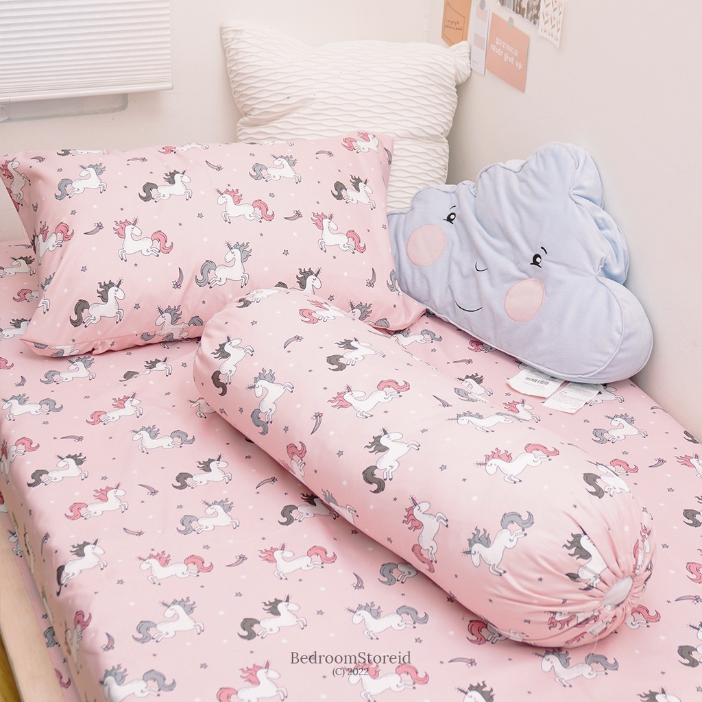 Sprei Aesthetic Motif Unicorn Pink | Ala Korea Sudah Termasuk Sarung Bantal Guling