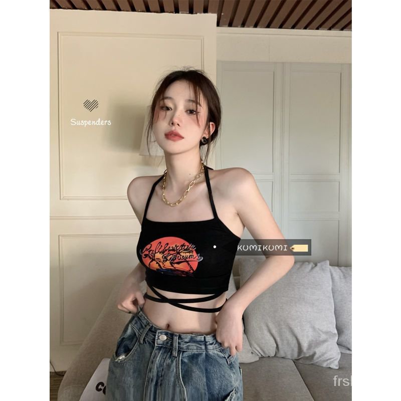 Hitam Menggantung Leher Camisole Desain Wanita Bertali Dicetak Tank Top Musim Panas Outwear Bralette