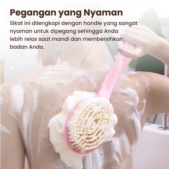 BAJ Sikat Punggung Shower Puff 2in1 Alat Bantu Pembersih Penggosok Badan 2 Sisi Body Brush + Spons Double Side Long Handle Tongkat Mandi Gagang Panjang Serbaguna Sponge Spon Busa Sabun PR114