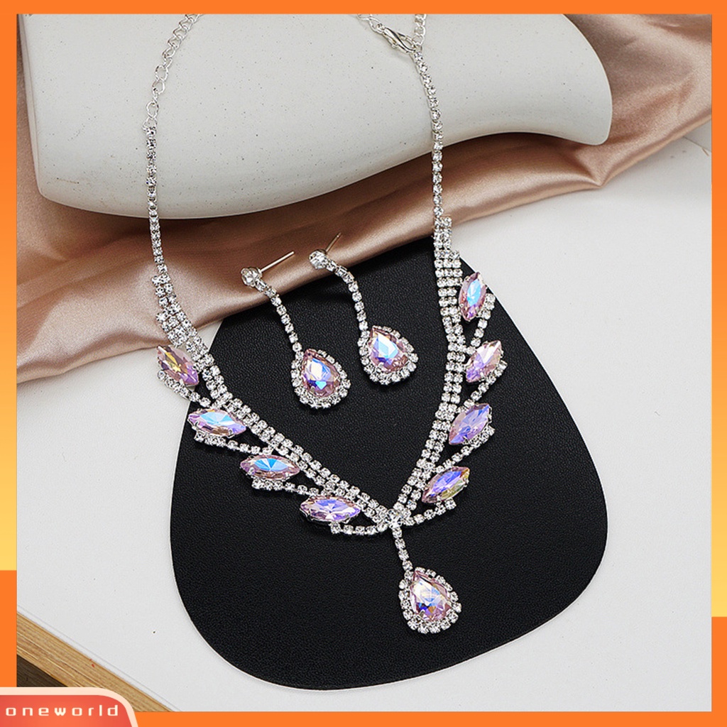 [oneworld] 1set Kalung Anting Pengantin Berbentuk Tetesan Air Perhiasan Berlian Imitasi Set Perhiasan Berkilau Elektroplating Untuk Pernikahan