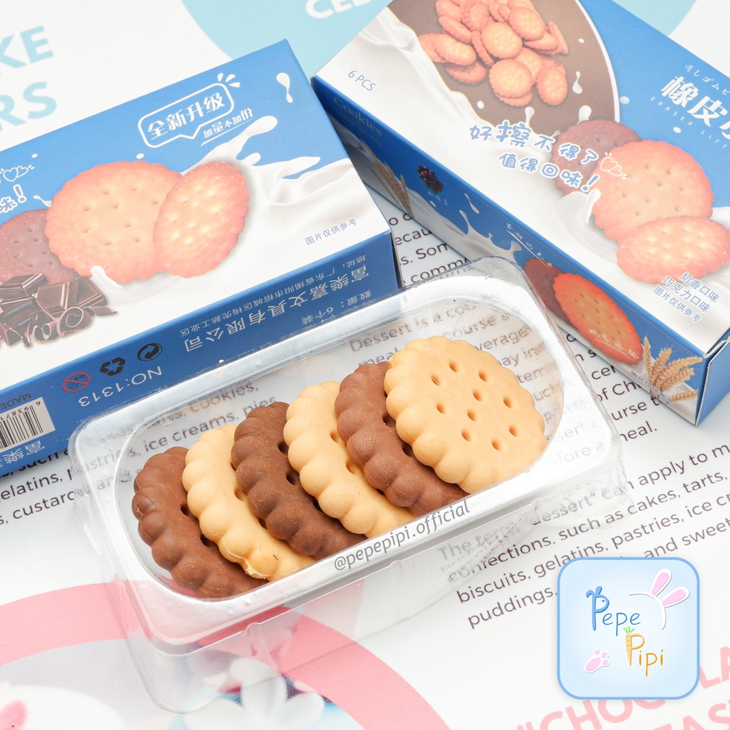 Penghapus Box Cookies No.1313 Eraser Setip Stip Hapusan Pensil Permen Kue Coklat 1 Set