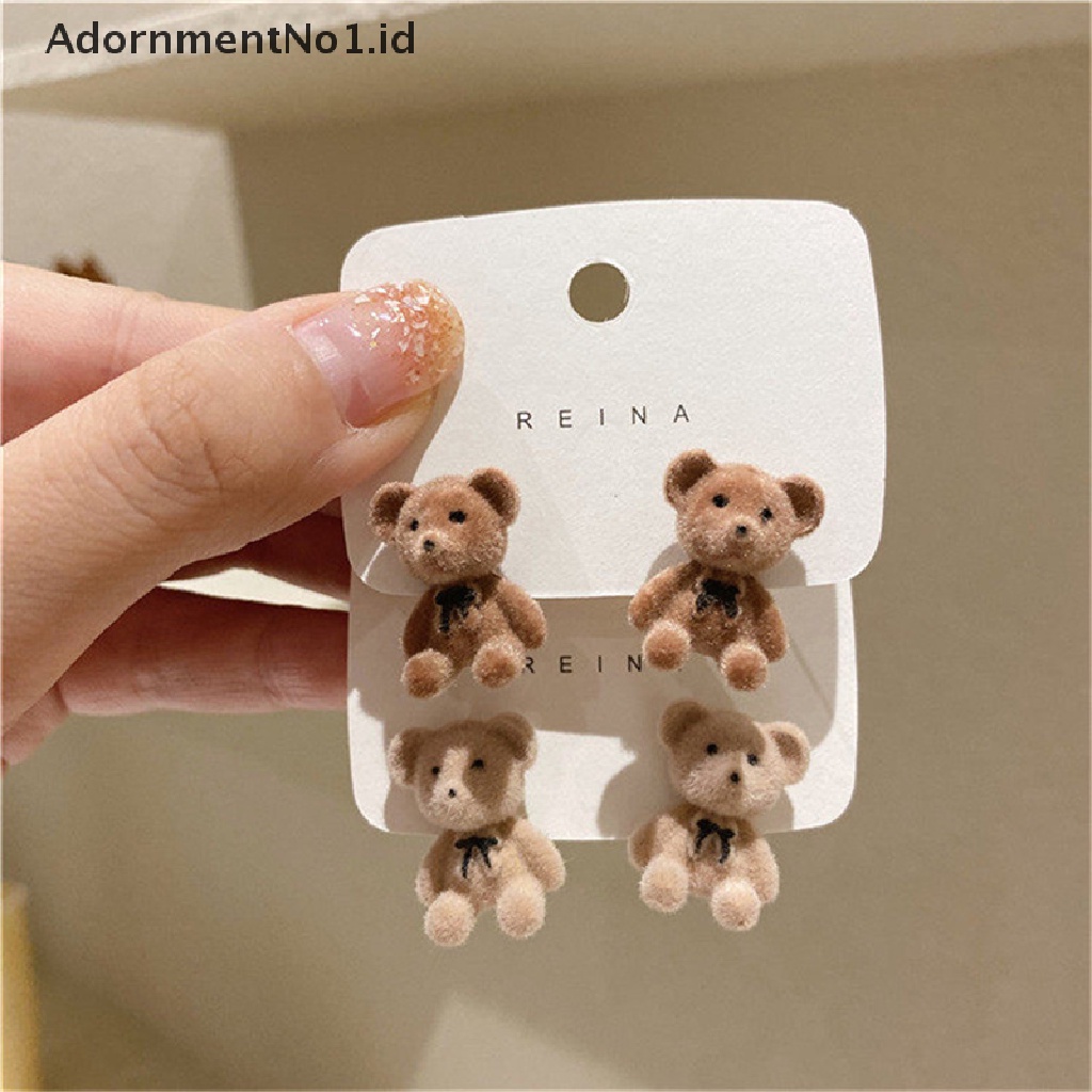 [AdornmentNo1] Lucu Flocking Plush Rabbit Bear Stud Earrings Gadis Kawaii Perhiasan Anting Hewan [ID]