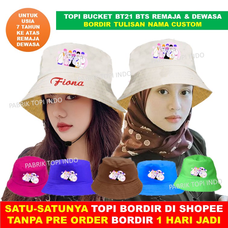 Bucket Dewasa KPOP BTS Korea BT21 Topi Custom Bordir Nama Untuk Remaja Usia 7 Tahun ke atas