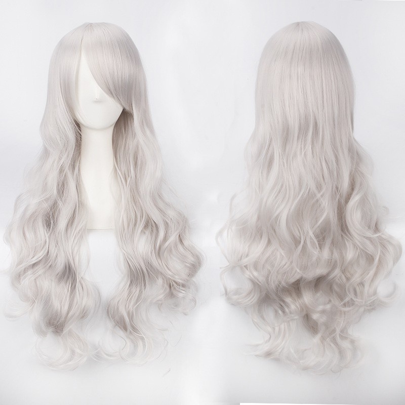 wig base wavy 80 cm curly wanita cosplay rambut palsu daily lolita gelombang hitam putih abu K027