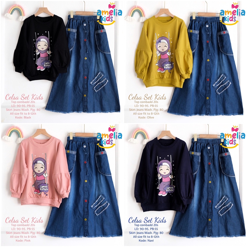 Celsa Set Baju Setelan Rok Jeans Anak Perempuan Umur 8-12 Tahun by Amelia Kids