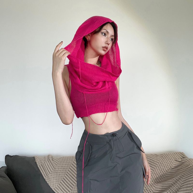 ☽Sancokis gaya Eropa dan Amerika berkerudung lengan panjang rajutan top niche high street babes sexy slim crop top