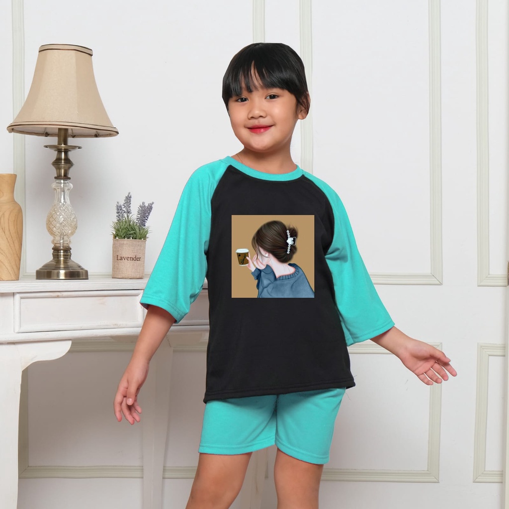 Hzl_outfit Baju Setelan Lengan 3/4 Lip Cream Implora Anak Perempuan (COD)