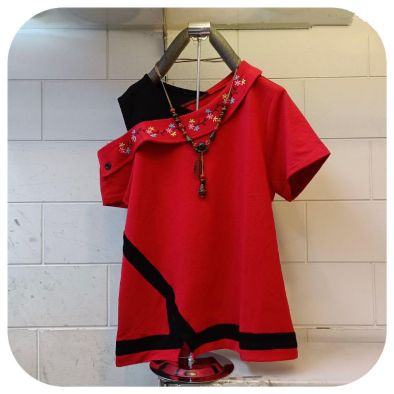 Atasan Cheongsam Blouse Merah Imlek Atasan Merah Katun Bordir Baju Cheongsam AL-02