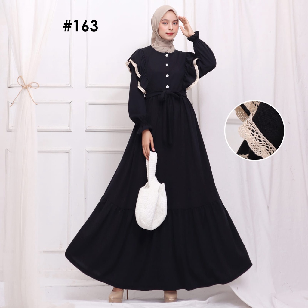 Gamis busui ruffle dada renda rempel 2 susun tali pinggang bahan voxy premium merk hf (163)