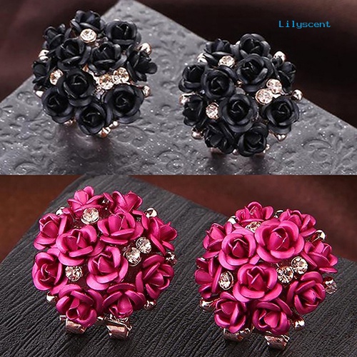 [LS] Wanita Fashion Elegan Hias Berlian Imitasi Mekar Bunga Mawar Telinga Studs Earrings