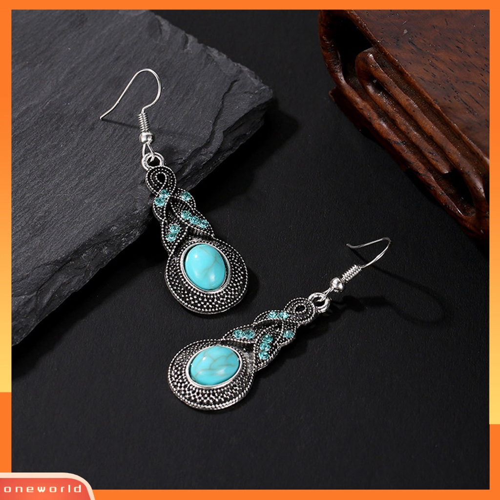 [oneworld] 1set Wanita Kalung Anting Faux Turquoise Vintage Jewelry Set Perhiasan Berkilau Electroplating Untuk Pesta