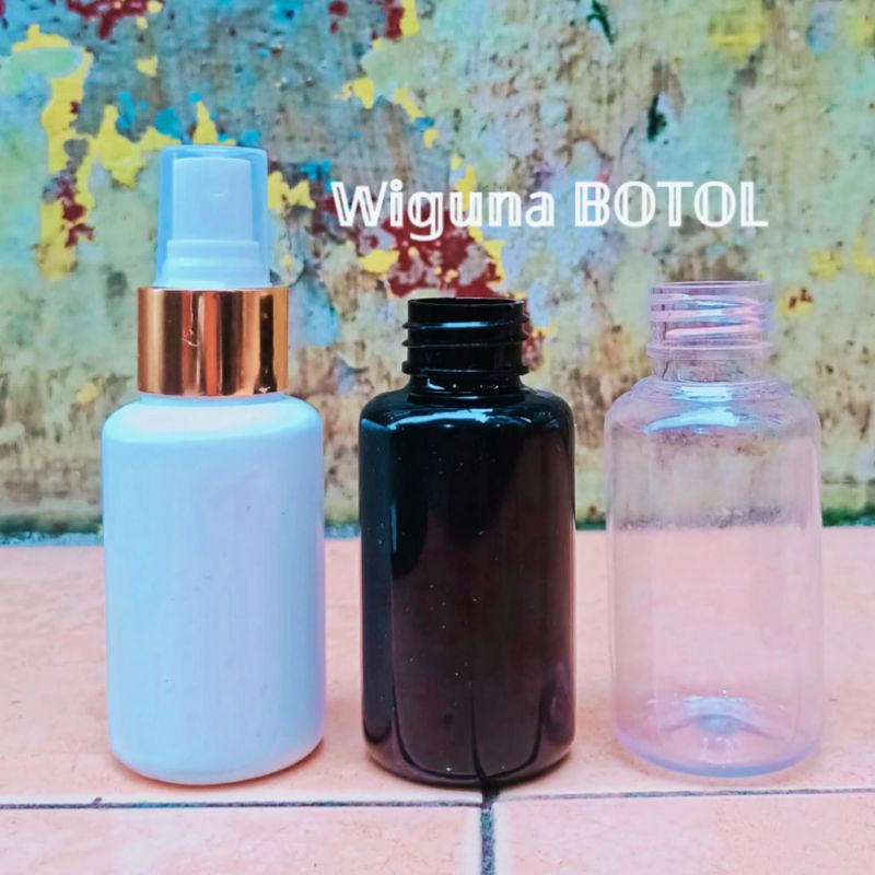 Botol Spray 60ml Tubular / Botol PET 60ml Tutup Spray Ring Alumunium gold Half cap