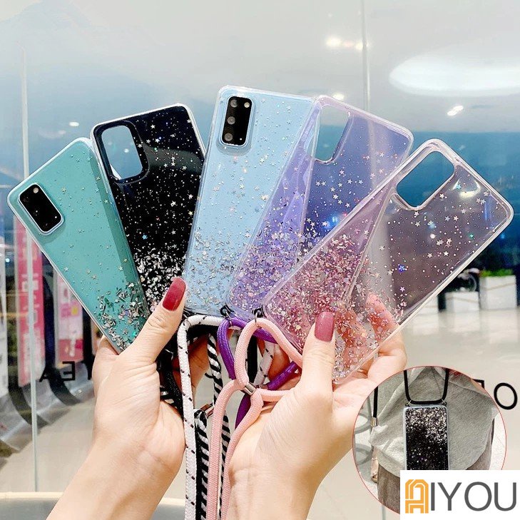 Hiasan Glitter Casing Ponsel Transparan Dengan Tali Untuk OPPO A5S F9 A12 A7 A11K A3S A1K A15 A15S A16