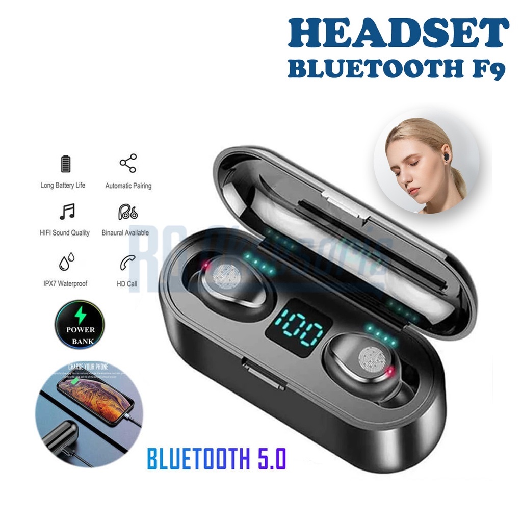 Headset TWS F9 Bluetooth v5.0 Earphone Stereo Digital Display Wireless Headset 2in1 Support Powebank 3500mah