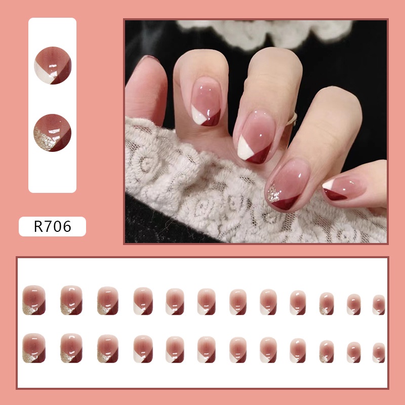 Paku Palsu Blush Segi Empat Simple French Style Square Fake Nails 24pcs/box R706