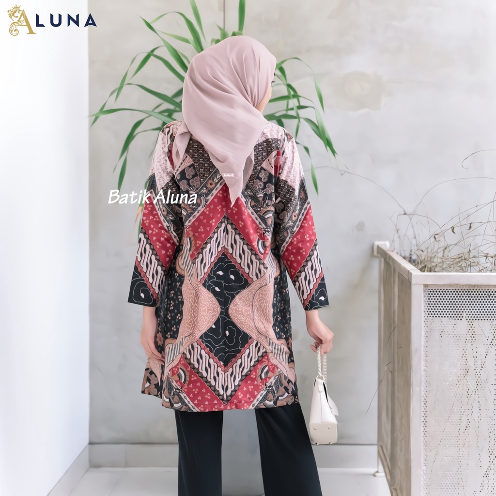 Baju Batik Wanita Tunik Lengan Panjang Katun Lapis Trikot Premium Modern Original Batik Kerja Kantor Kondangan Size M L XL XXL