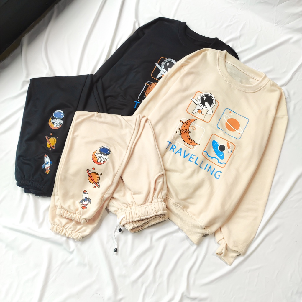 Sporty Sett Sweater &amp; Jogger Space Travel Wanita Dan Pria - Setelan Unisex