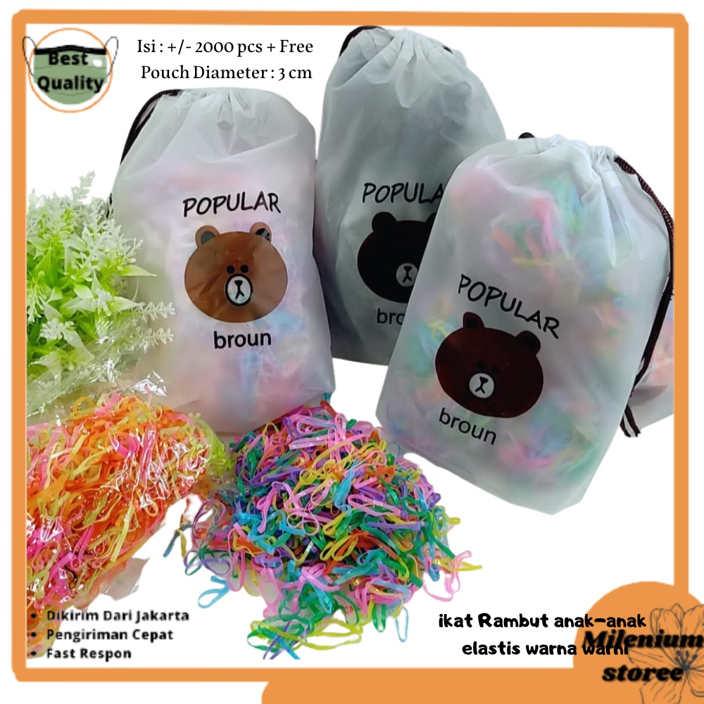 Karet Jepang Warna Warni Ikat Rambut Anak Elastis Gratis Tas Kecil Brown Isi 2000Pcs Import MS