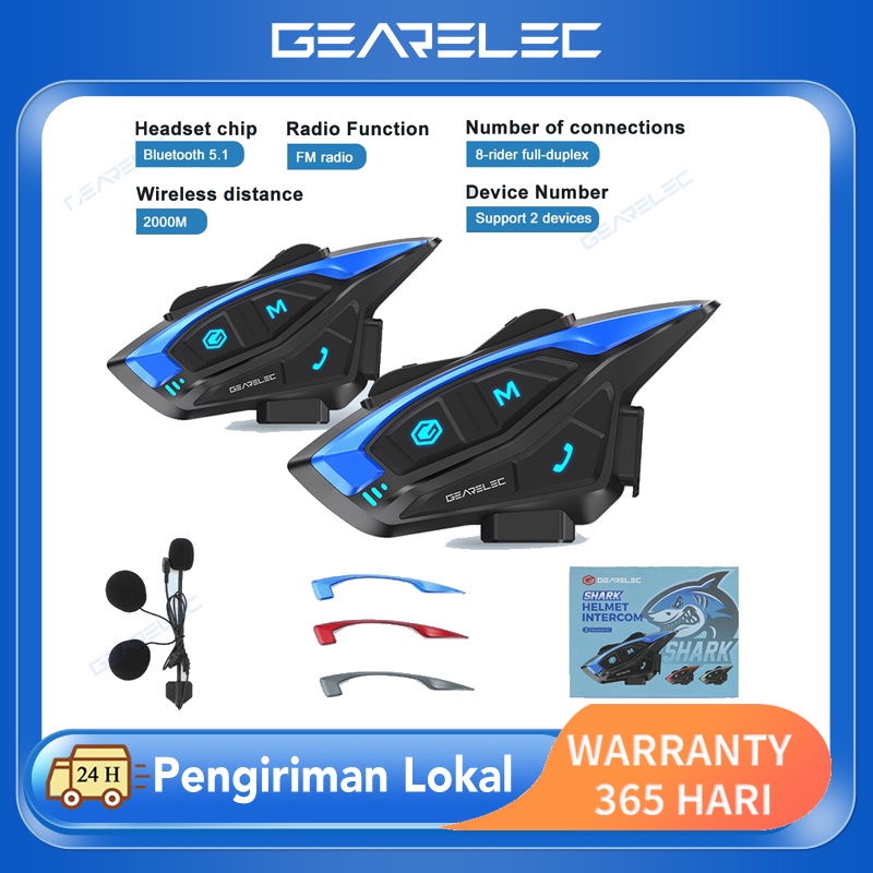 INTERCOM GEARELEC shark pro Sepeda Motor Bluetooth Intercom Headset 2-8 Pengendara Helm Headset dengan Radio FM