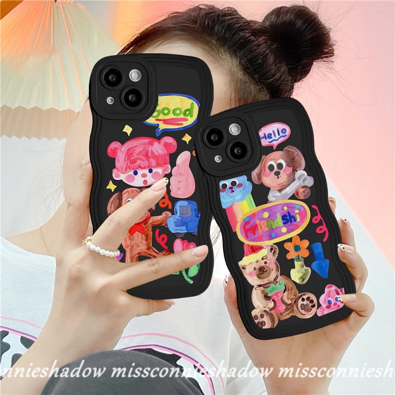 IPHONE Couple Case Kompatibel Untuk Iphone6 6s 8 7 Plus 11 14 13 12 Pro Max XR 14Plus X XS Max SE 2020 Kartun Grafiti Anjing Lucu Populer Gadis Lucu Stiker Lembut Bergelombang Tepi Case