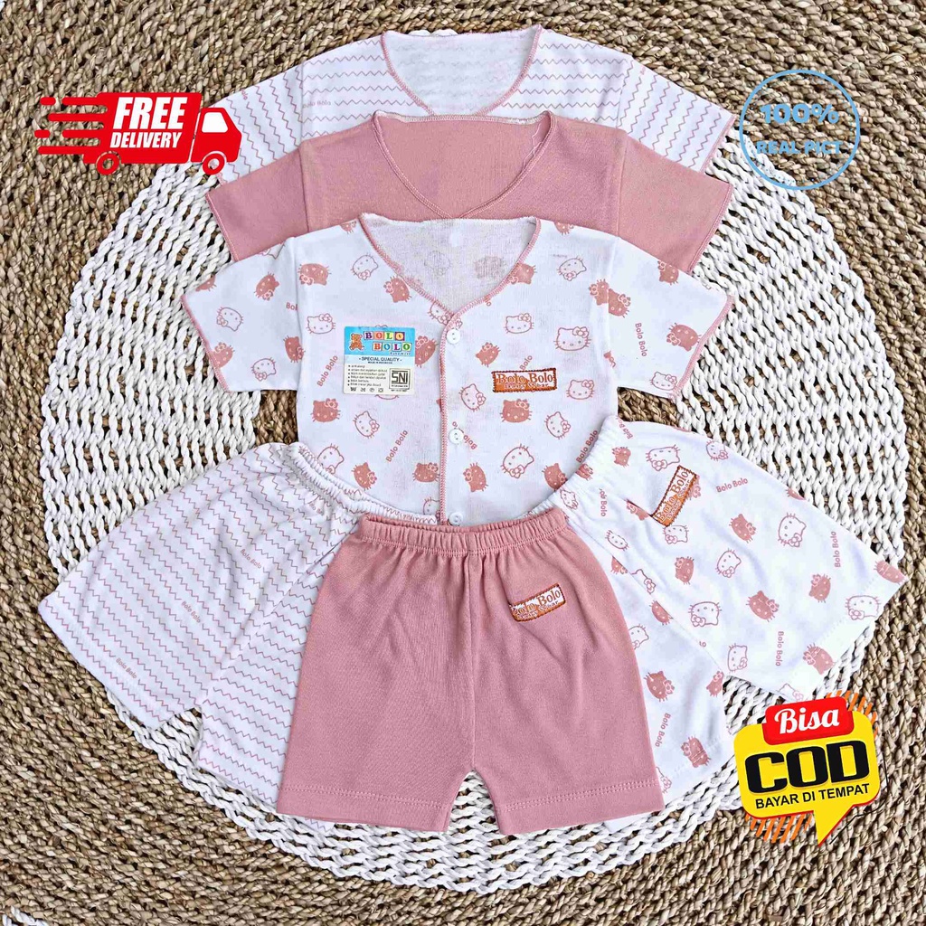 SALE 7.7 Serian Dusty - 3 Stel Setelan Baju Bayi Tangan Pendek Celana Pendek Bayi 0 sd 3 Bulan PINK DUSTY SERIES merk SNI Bolo - Bolo