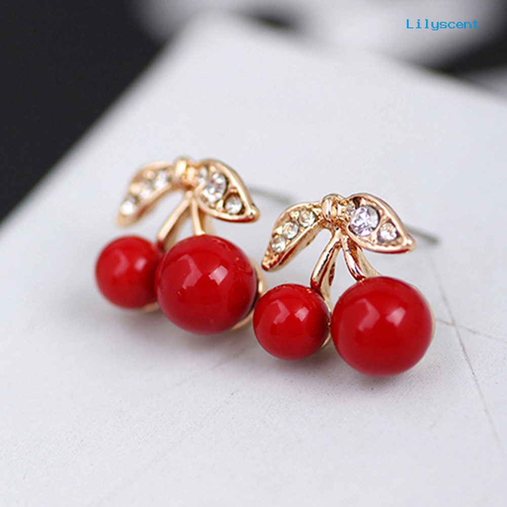 [LS] Wanita Merah Cherry Bening Berlian Imitasi Ear Studs Beads Golden Alloy Leaves Earrings