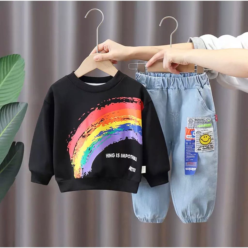 SETELAN ANAK SWATER ANAK TERBARU DAN KEKINIAN SETELAN SWEATER MOTIF PELANGI UMUR 105 TAHUN