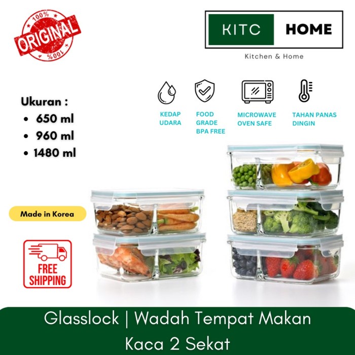 Lunch Box Glasslock 2 Sekat Wadah Penyimpanan Makanan Kaca Microwave Safe