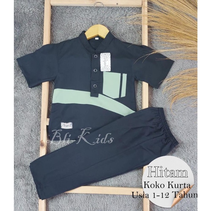 NGA59 Baju muslim anak laki-laki termurah usia 1-12 Thn / Koko anak - Hitam, 1-2 Thn