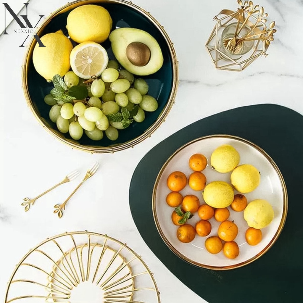 NexXio TEMPAT BUAH KERAMIK GOLD DUDUKAN STAINLESS GOLD / Ceramic Fruit Tray / Tray Tempat Buah / Tempat Buah Keramik Elegant