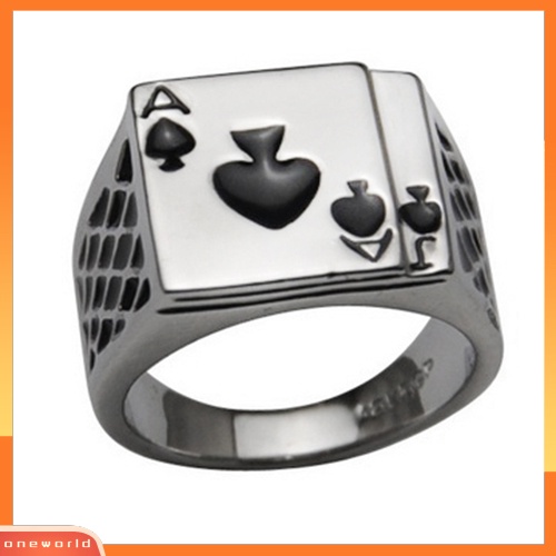 {oneworld} Sekop Enamel Hitam Lapis Emas Putih 18K Pria Poker Cincin Jari Perhiasan