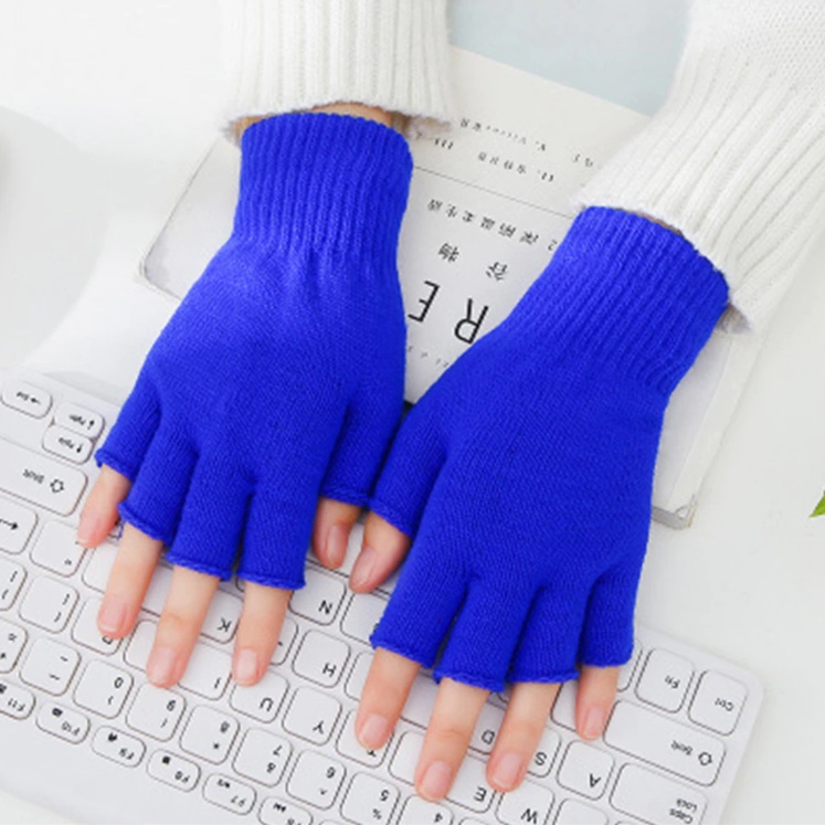 Sarung Tangan Gloves Pria dan Wanita Bahan Rajut Jenis Pendek Warna Biru Half Finger
