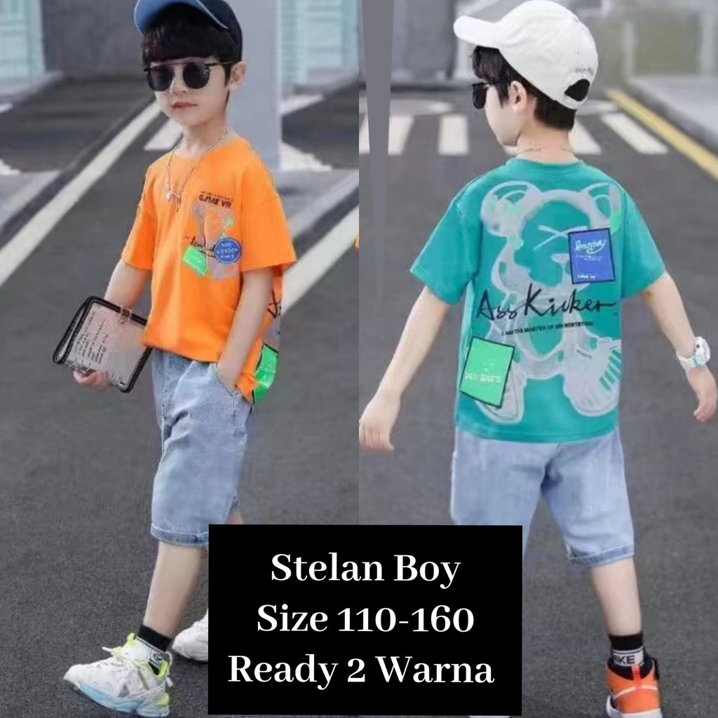 (LOLI-JKT) BOY-82 STELAN ANAK COWOK KARTUN BEAR + JEANS CELANA SIZE 110-160