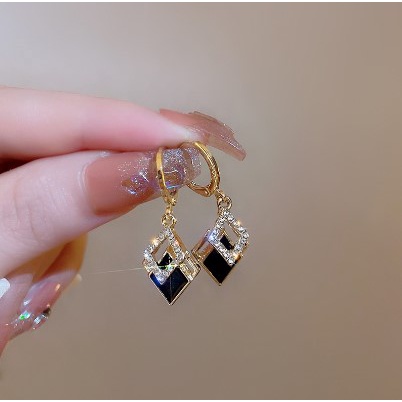 【Bayar di tempat】Anting Berlian Imitasi Bentuk Double Diamond Warna Hitam Untuk Pernikahan