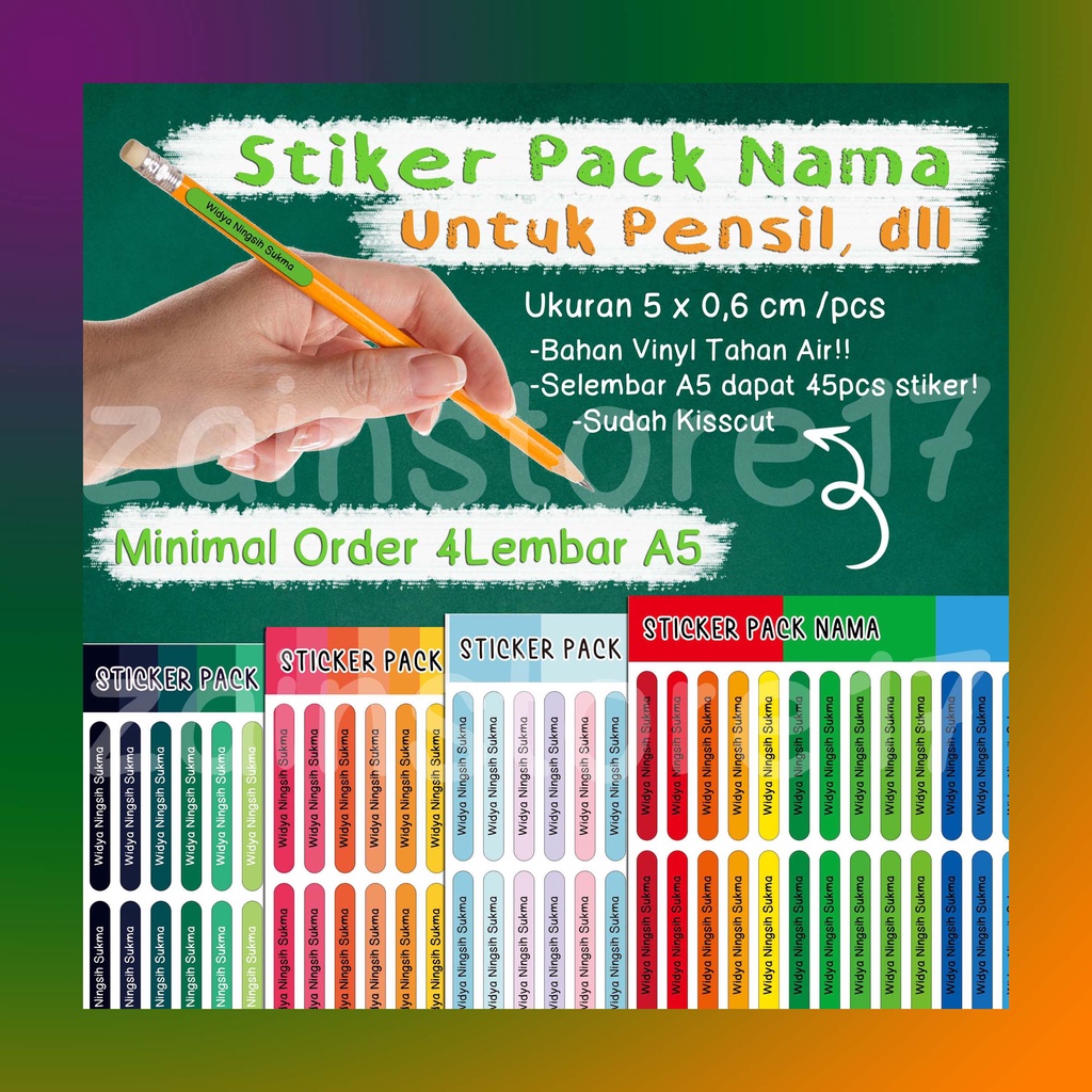 

[1 Paket isi 4 LEMBAR A5] STIKER NAMA / Stiker Pack Nama untuk PENSIL, PULPEN, ATK, ALAT TULIS, DLL / BAHAN VINYL TAHAN AIR / CUSTOM NAMA isi 45pcs per-A5