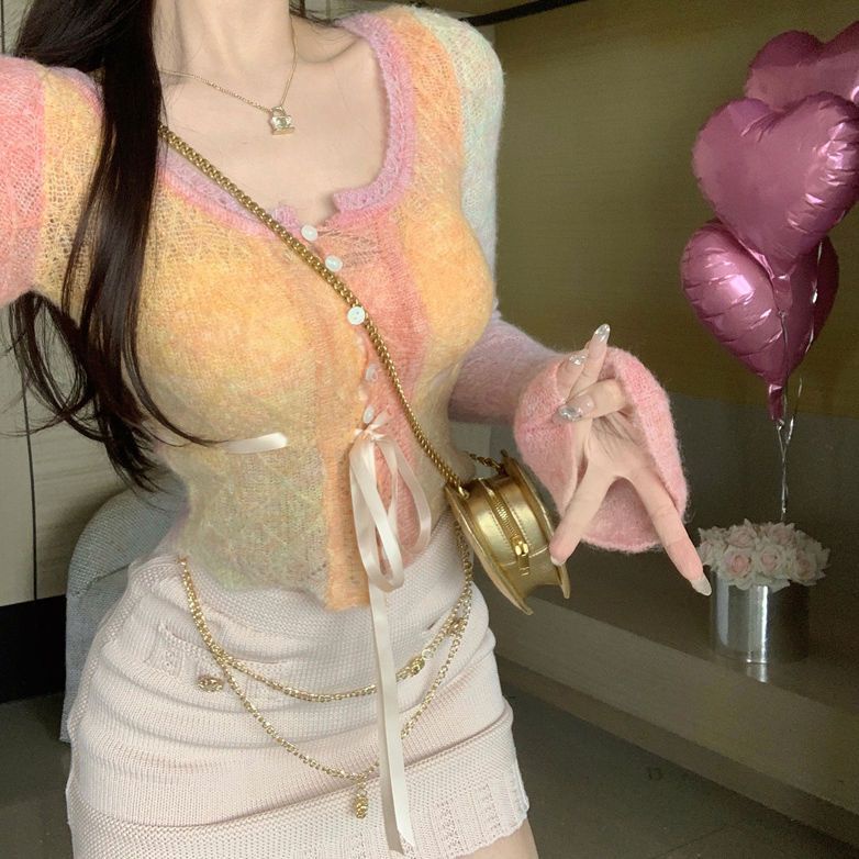 Red 2022 Baru Lengan Panjang Rajutan Cardigan Wanita Musim Gugur Seksi Gadis Panas Dasi Slim Fit Pendek Bottoming top