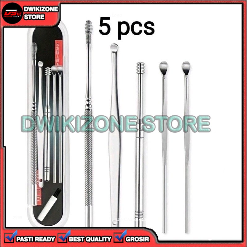 [DZS] PEMBERSIH TELINGA COTTON BUD KOREK KUPING 5 IN 1 5IN1 FULL STAINLESS STEEL MULTIFUNGSI SERBAGUNA