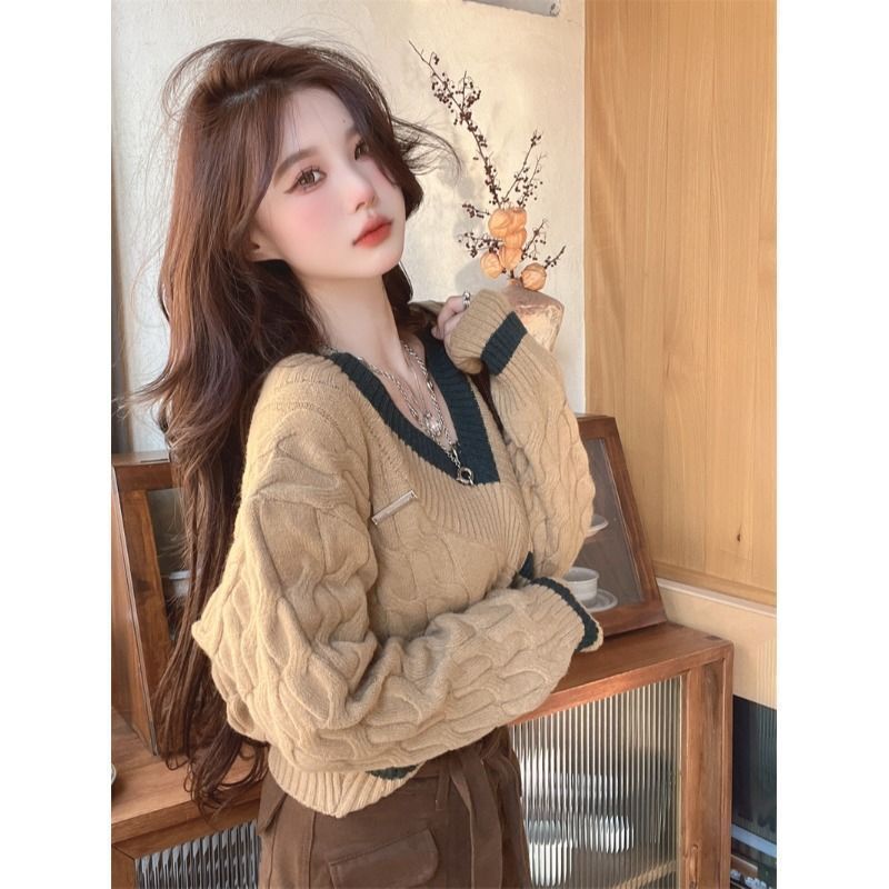 V-neck paragraf pendek sweater rajutan longgar sweater rajutan wanita orang kecil musim gugur dan mu