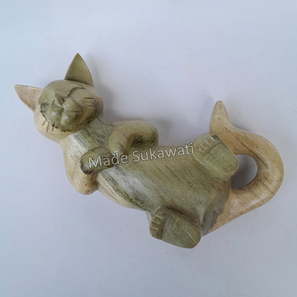 Patung kayu kucing tidur 20cm ukiran handmade Bali