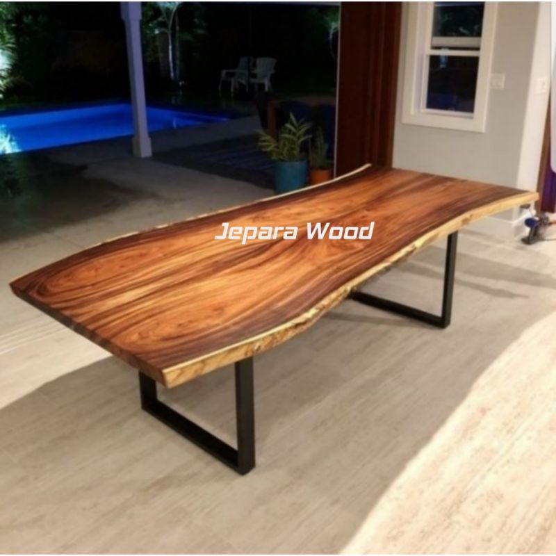 meja trembesi 250 x 100 cm kaki besi meja makan trembesi